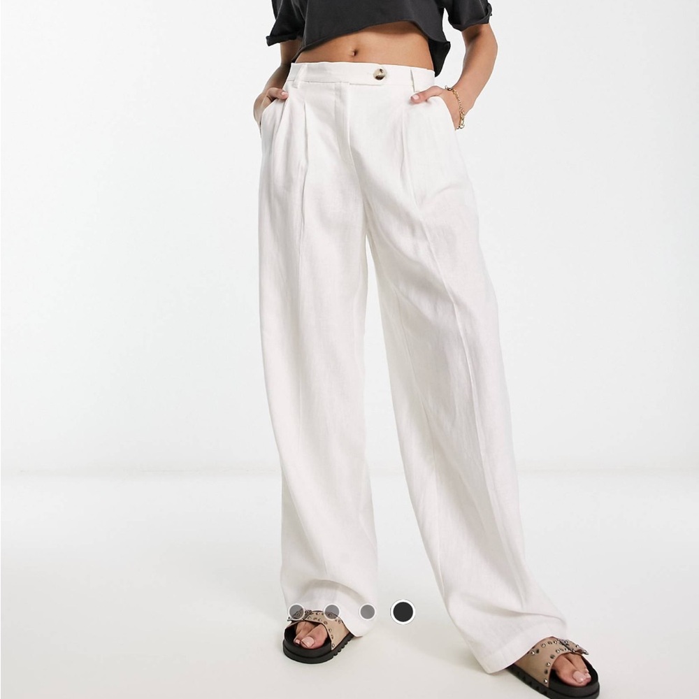Bershka high waisted wide leg white linen pants